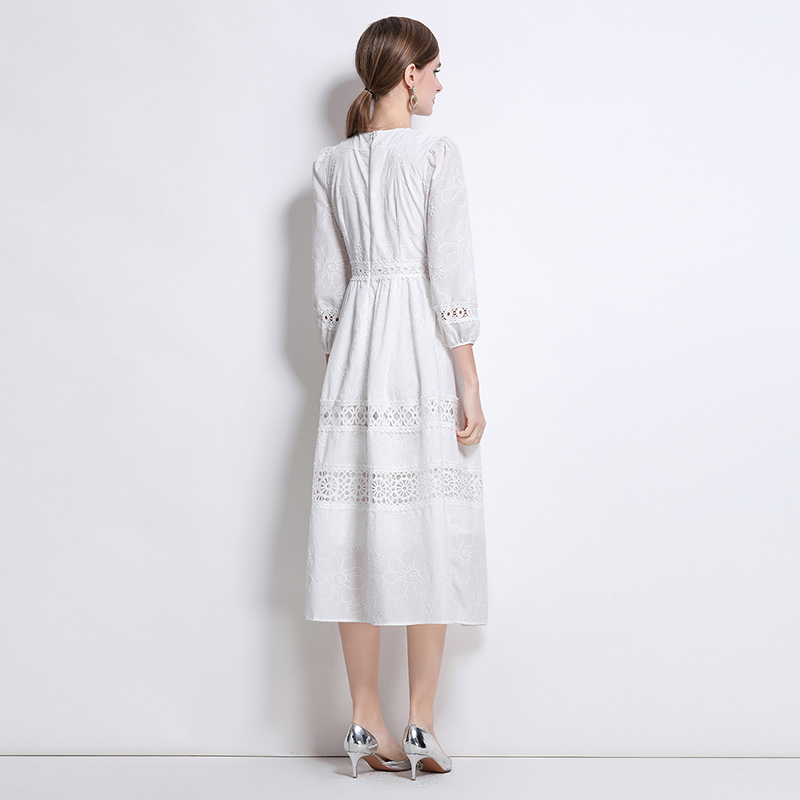 Lace slim white embroidery pinched waist dress for women