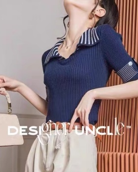 Stripe knitted thin short sleeve tops for women