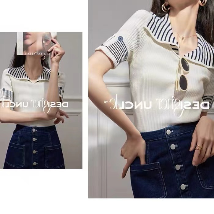 Stripe knitted thin short sleeve tops for women