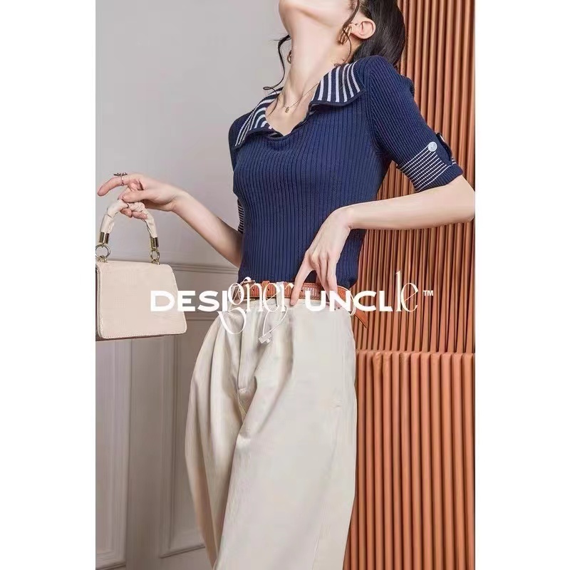 Stripe knitted thin short sleeve tops for women