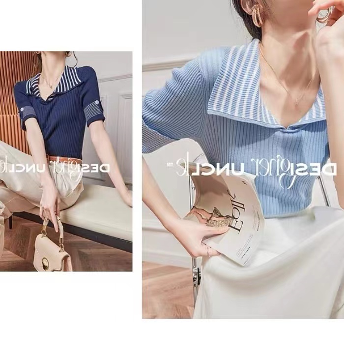 Stripe knitted thin short sleeve tops for women
