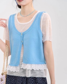 All-match Korean style simple vest knitted lace T-shirt