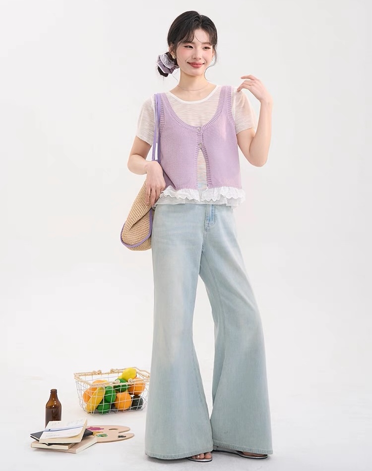 All-match Korean style simple vest knitted lace T-shirt