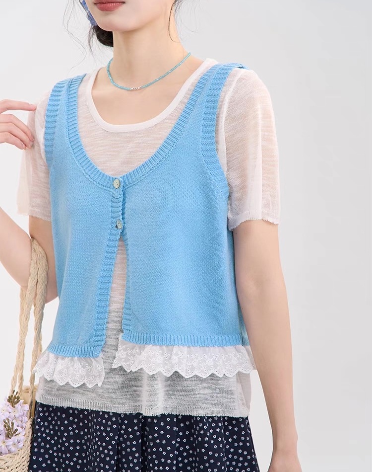 All-match Korean style simple vest knitted lace T-shirt