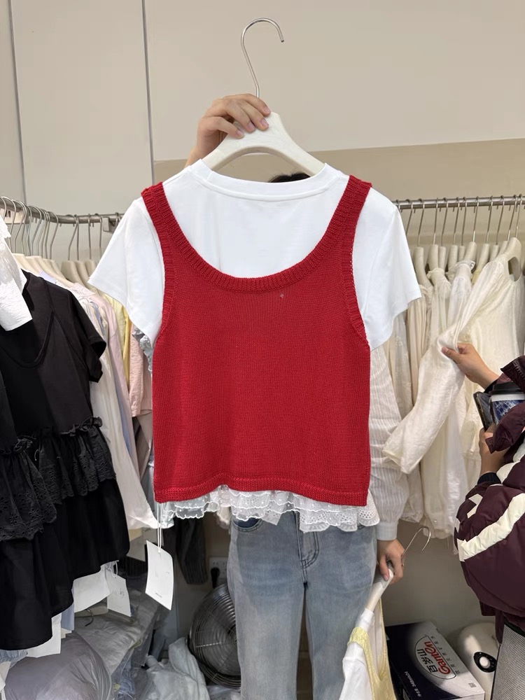 All-match Korean style simple vest knitted lace T-shirt
