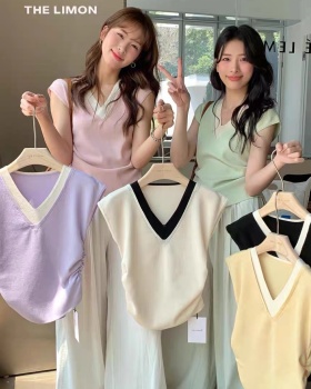 Fold V-neck mixed colors summer splice sweater for women
