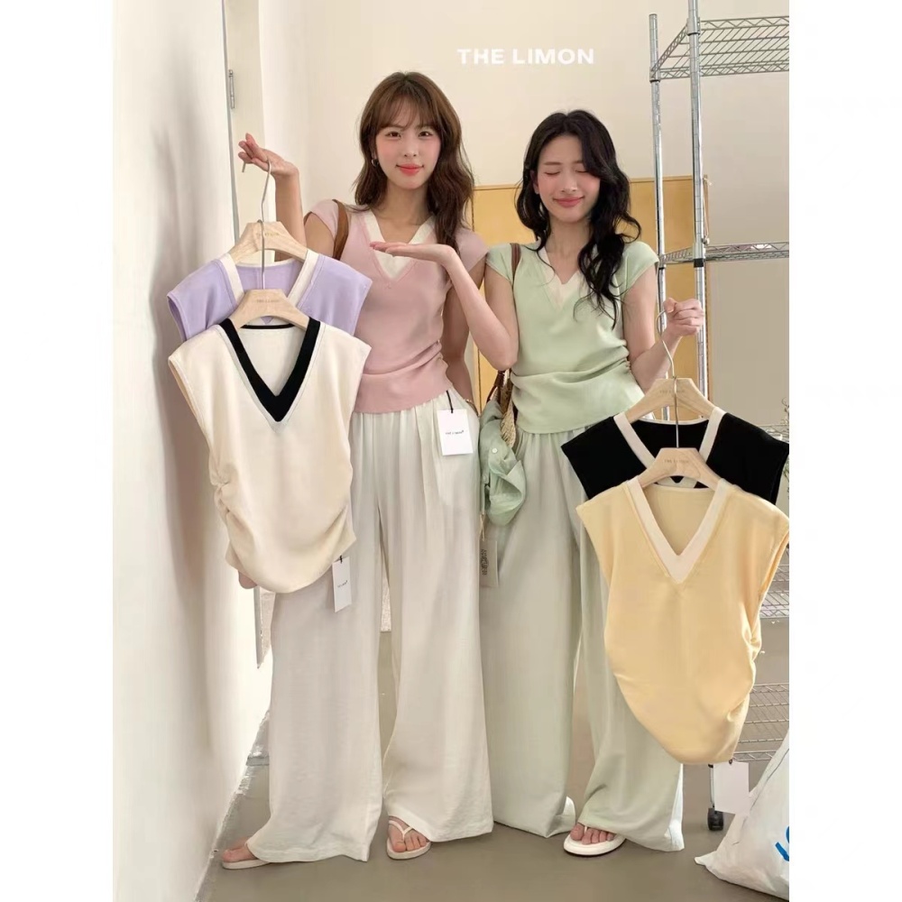 Fold V-neck mixed colors summer splice sweater for women