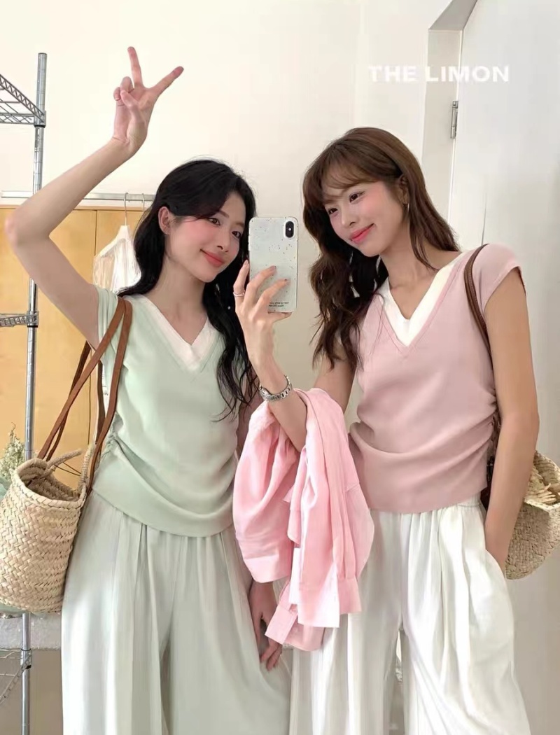 Fold V-neck mixed colors summer splice sweater for women