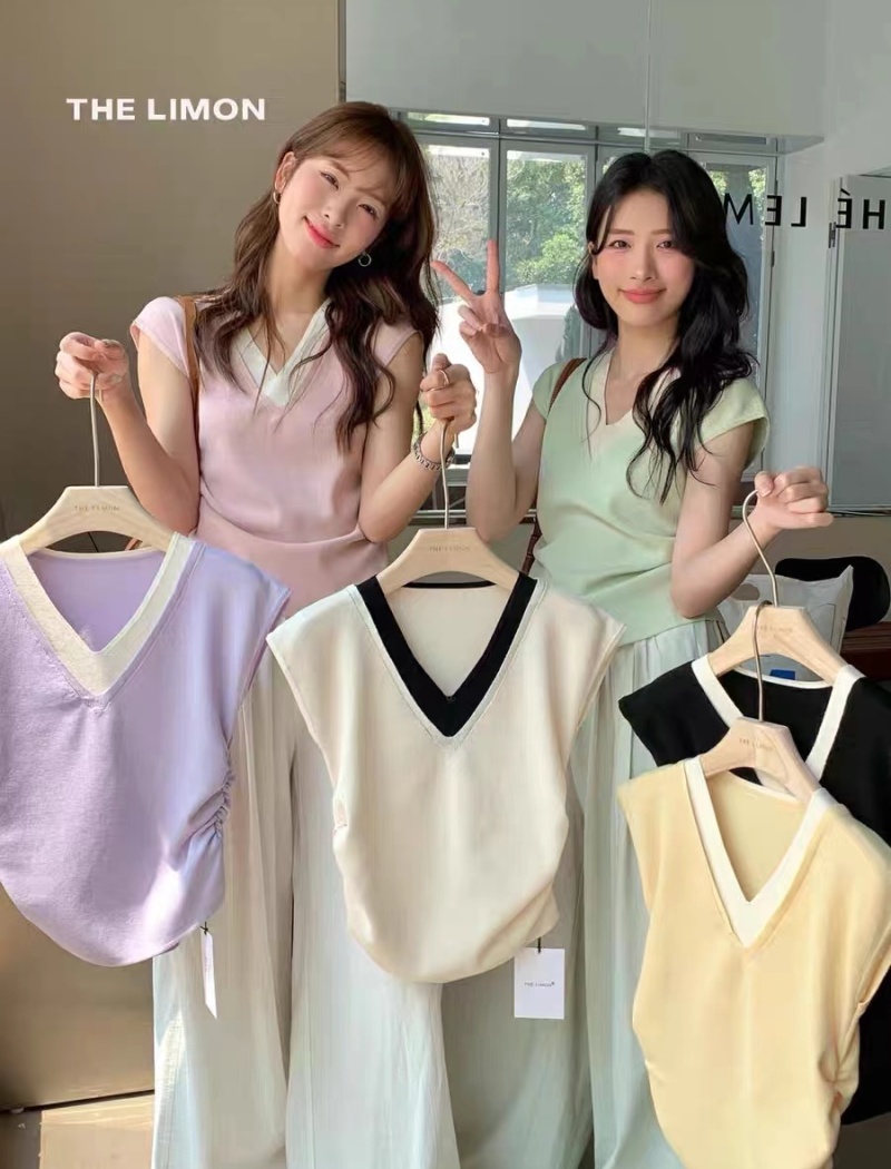 Fold V-neck mixed colors summer splice sweater for women