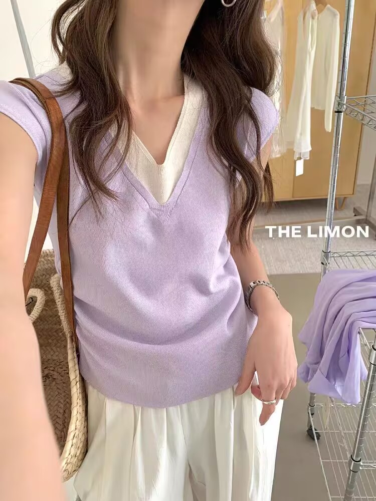 Fold V-neck mixed colors summer splice sweater for women