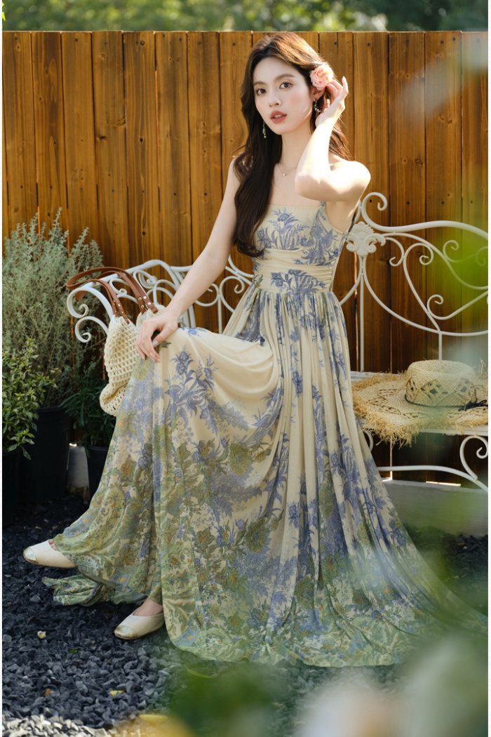 Big skirt elasticity sling gauze vacation dress