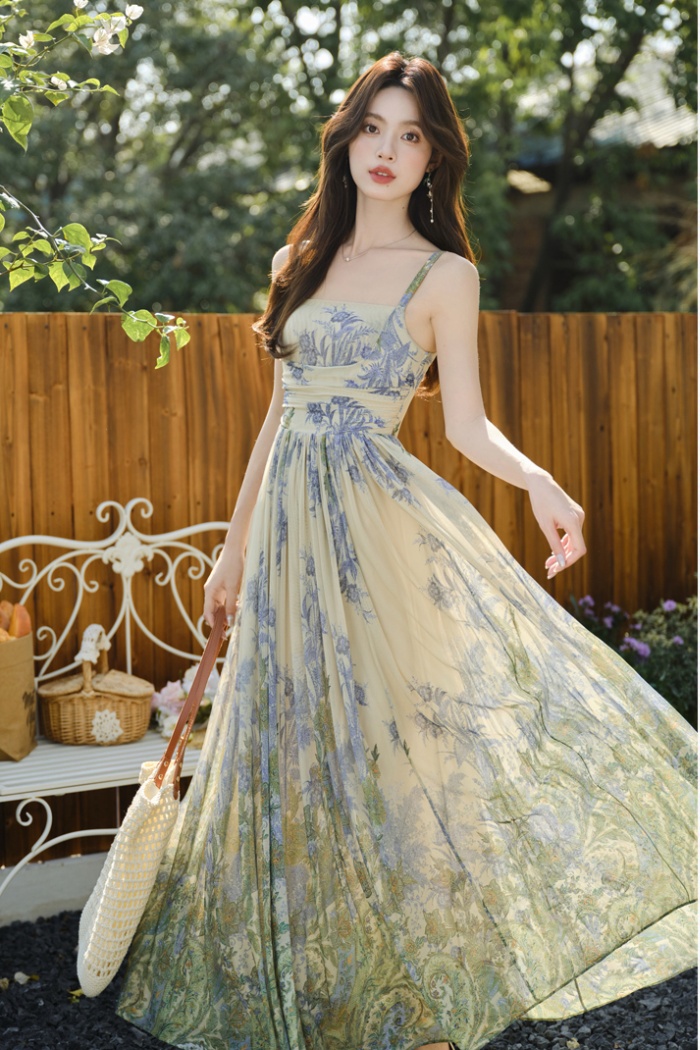 Big skirt elasticity sling gauze vacation dress