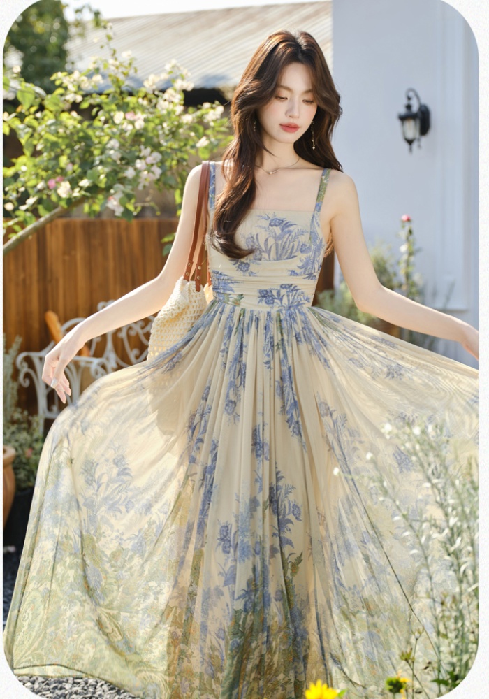 Big skirt elasticity sling gauze vacation dress
