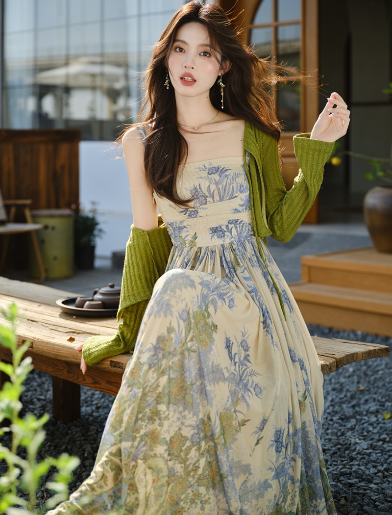 Sling elasticity coat big skirt gauze cardigan 2pcs set