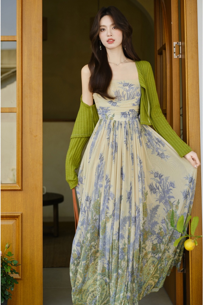 Sling elasticity coat big skirt gauze cardigan 2pcs set