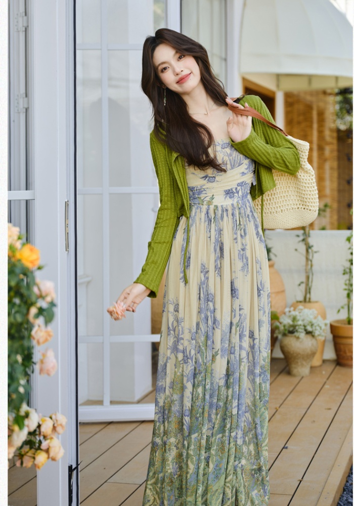 Sling elasticity coat big skirt gauze cardigan 2pcs set