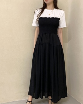 Splice all-match mixed colors short sleeve dress