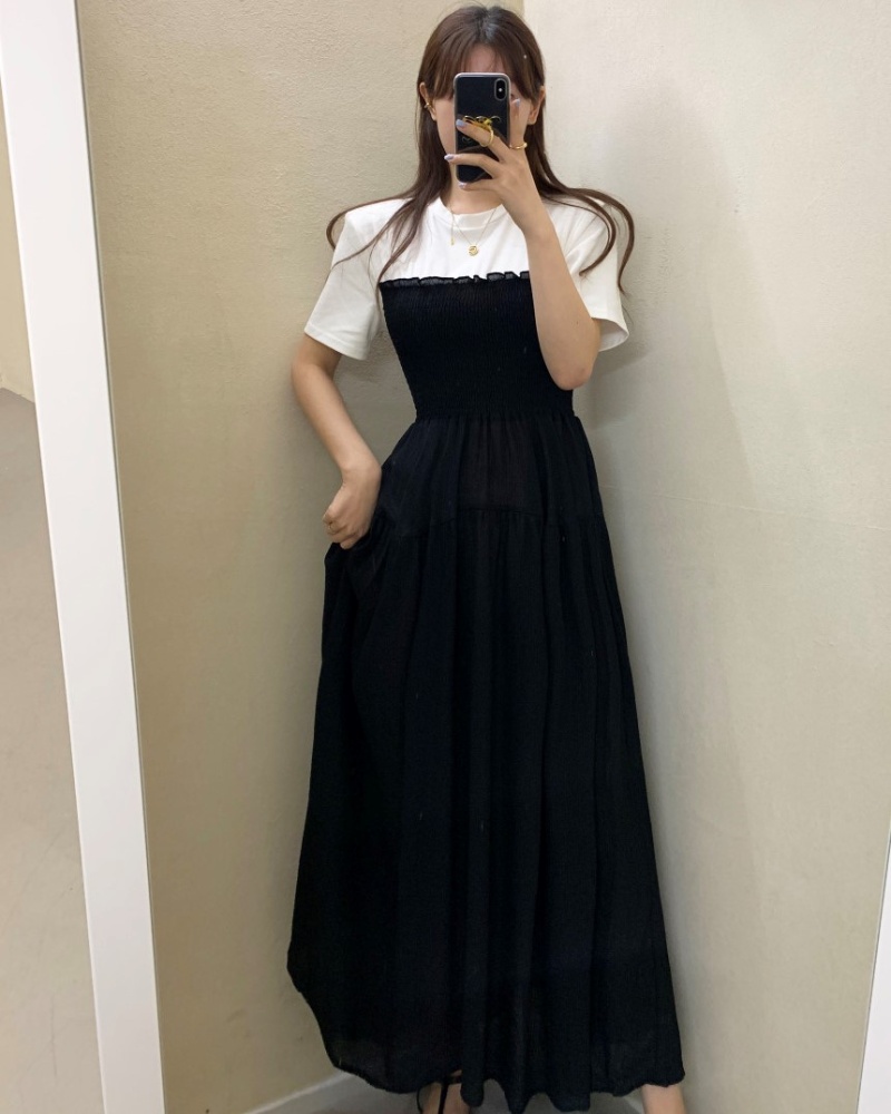 Splice all-match mixed colors short sleeve dress