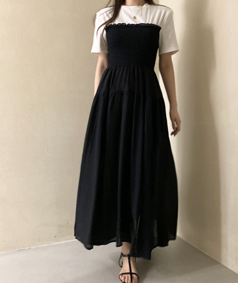 Splice all-match mixed colors short sleeve dress