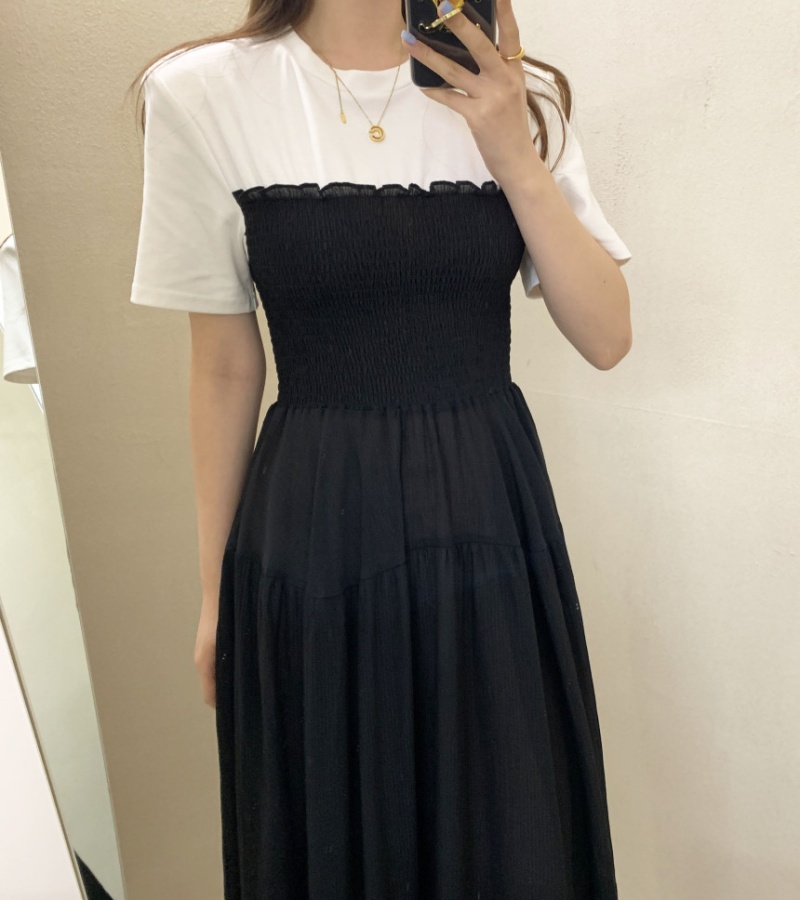 Splice all-match mixed colors short sleeve dress