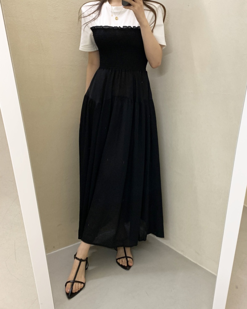 Splice all-match mixed colors short sleeve dress