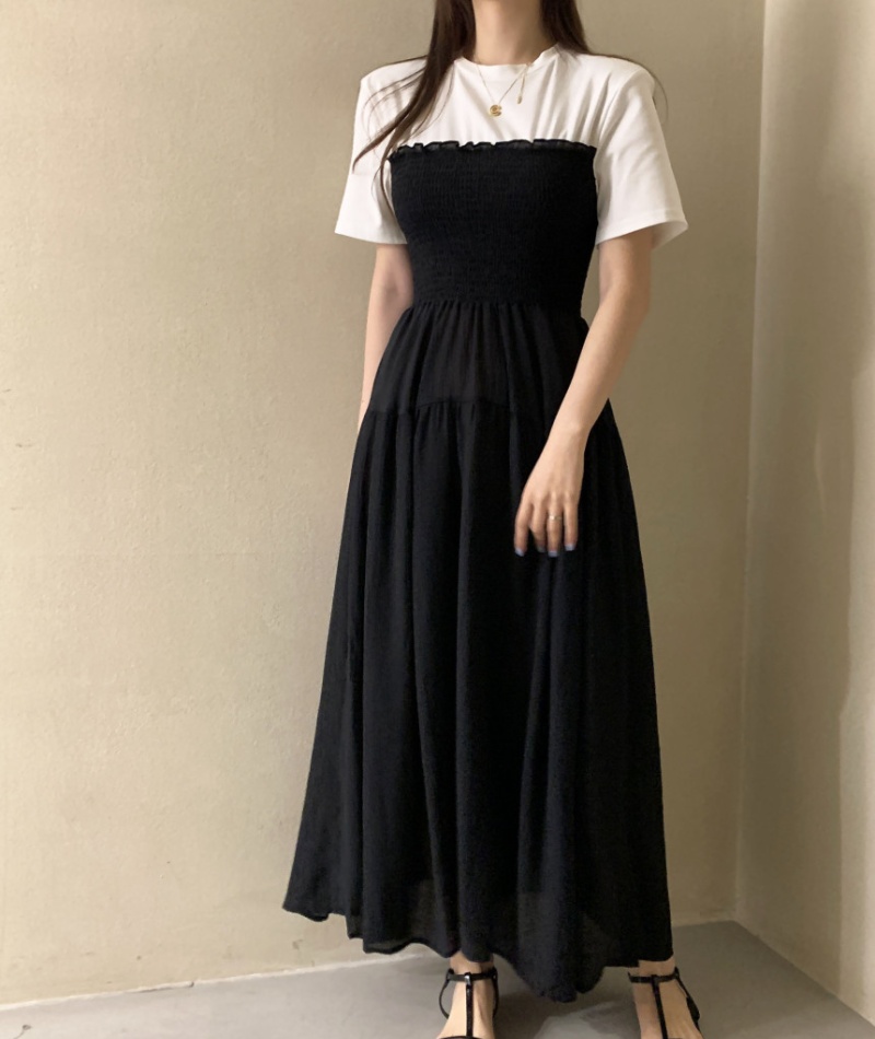Splice all-match mixed colors short sleeve dress