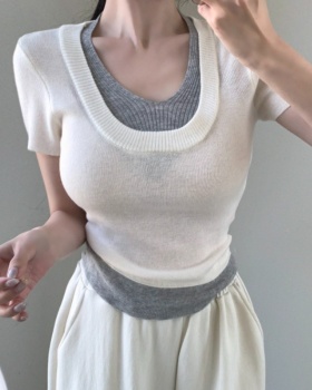 Sweet lotus leaf edges Korean style splice sweater