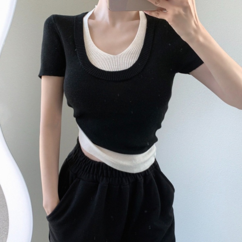 Sweet lotus leaf edges Korean style splice sweater