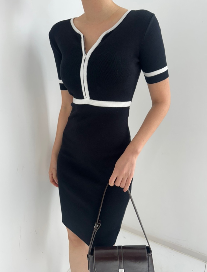 V-neck zip mixed colors retro short sleeve knitted dress
