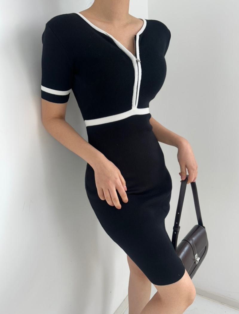 V-neck zip mixed colors retro short sleeve knitted dress