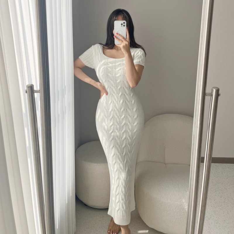 Korean style square collar short sleeve mermaid dress