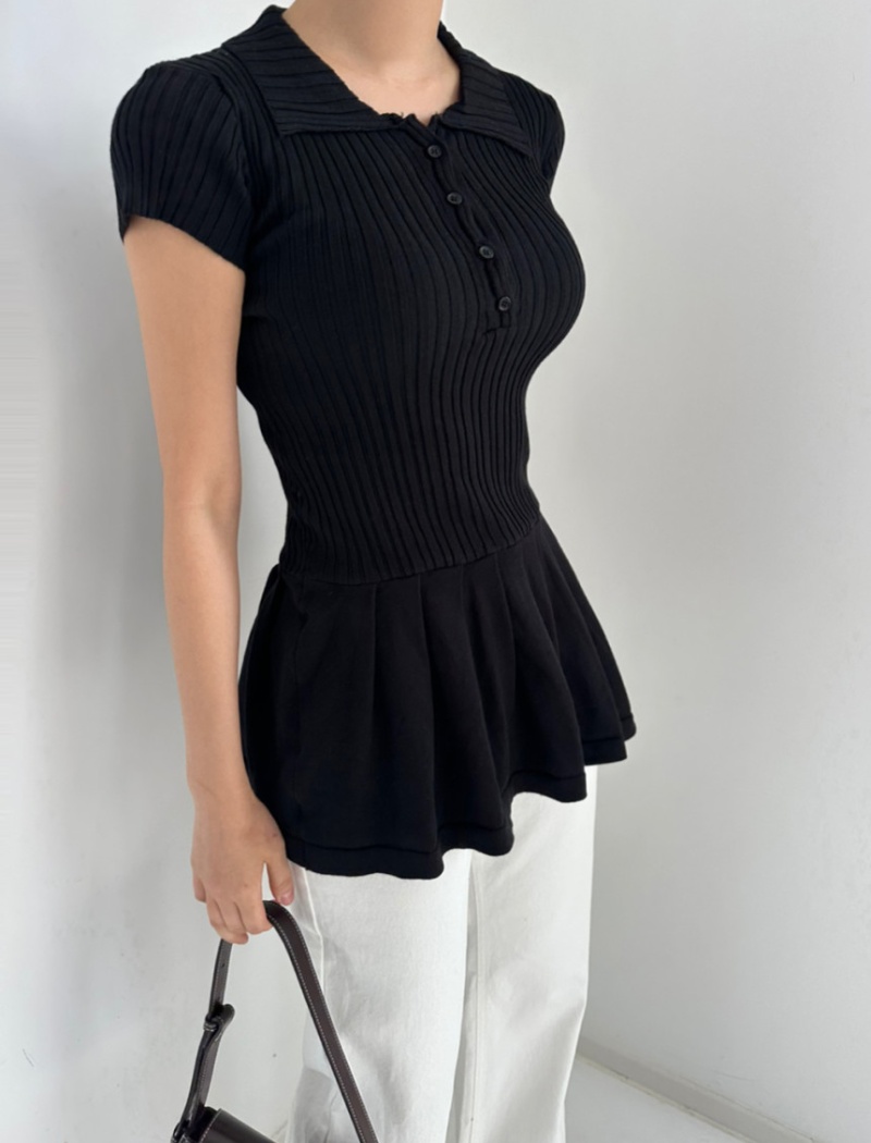 Lapel slim short skirt knitted Korean style T-shirt
