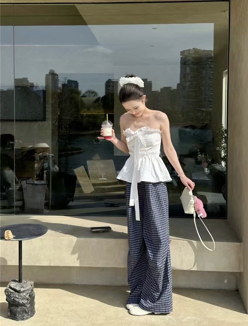 Wrapped chest summer wide leg pants lace tops 2pcs set