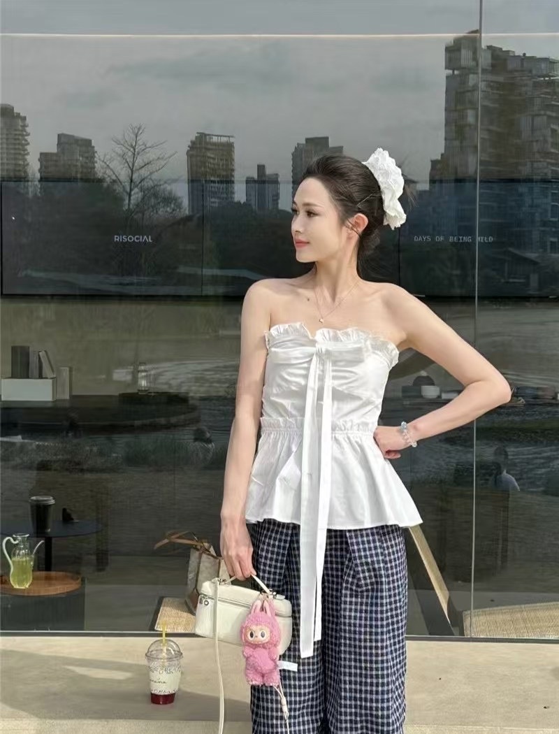 Wrapped chest summer wide leg pants lace tops 2pcs set