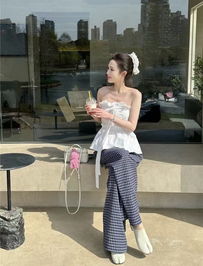 Wrapped chest summer wide leg pants lace tops 2pcs set