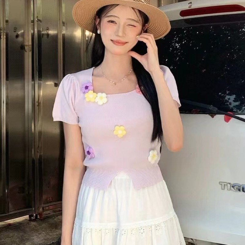 Flowers summer sweater short sleeve tops for women