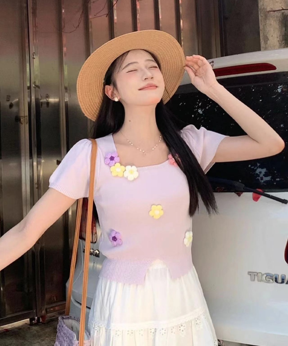 Flowers summer sweater short sleeve tops for women
