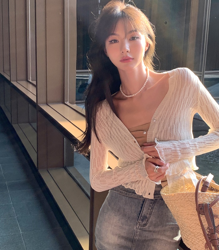 Long sleeve summer pure V-neck thin short slim cardigan
