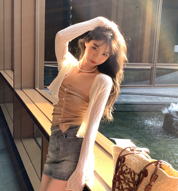 Long sleeve summer pure V-neck thin short slim cardigan