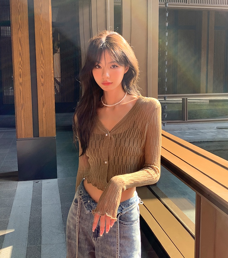 Long sleeve summer pure V-neck thin short slim cardigan