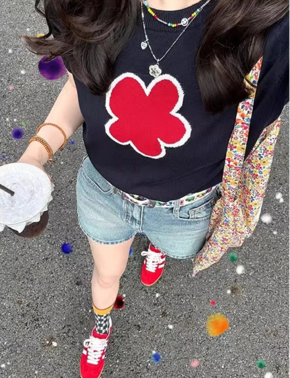 Knitted short tops embroidery unique T-shirt for women