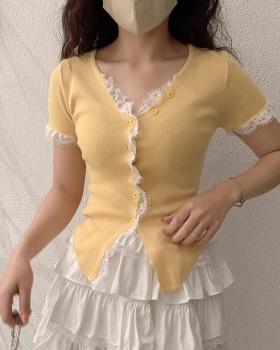 V-neck single-breasted sweater lace tops for women