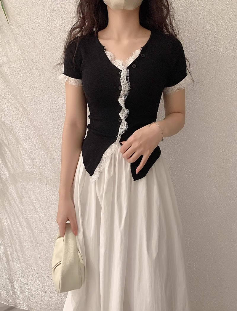V-neck single-breasted sweater lace tops for women