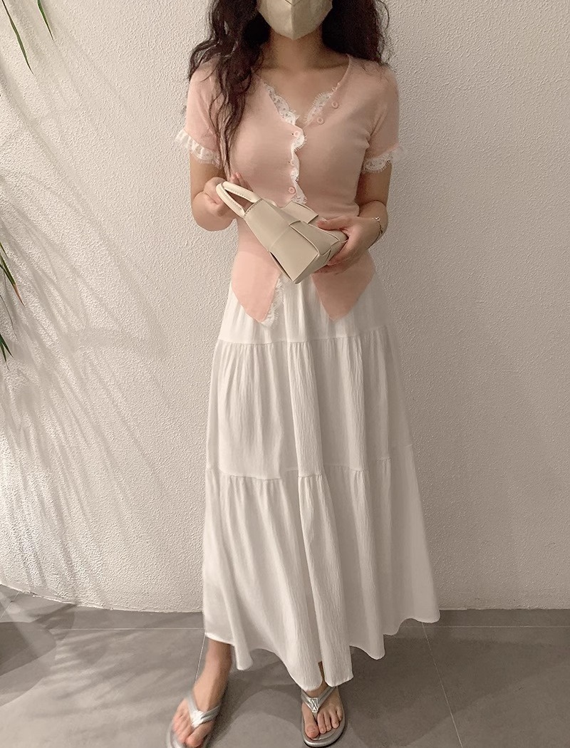 V-neck single-breasted sweater lace tops for women