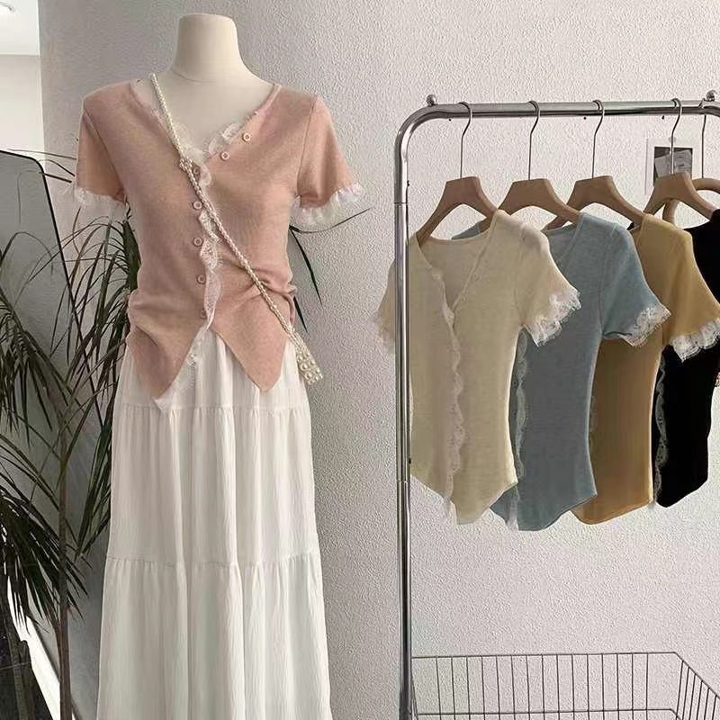 V-neck single-breasted sweater lace tops for women