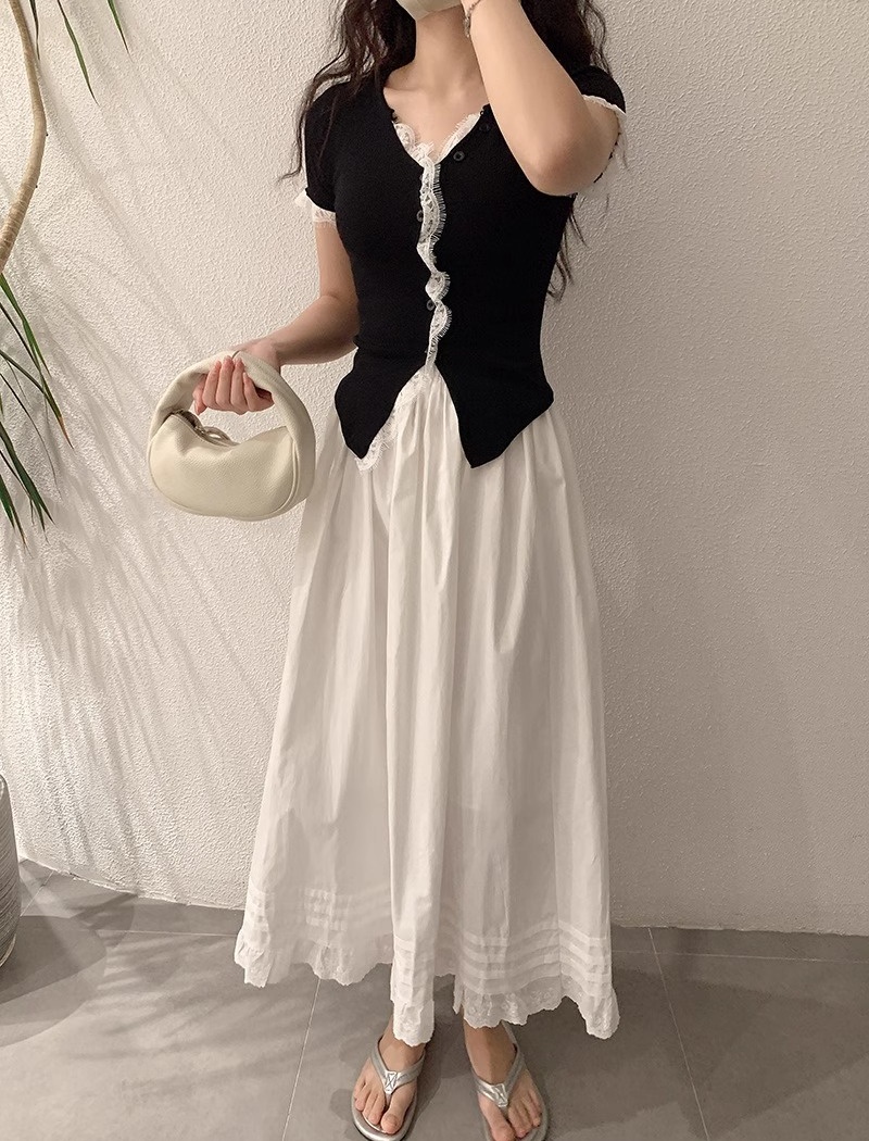 V-neck single-breasted sweater lace tops for women