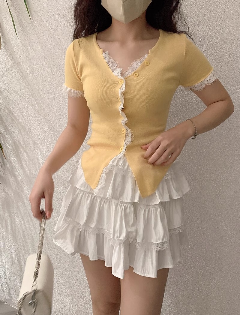 V-neck single-breasted sweater lace tops for women
