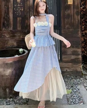 Plaid irregular flowers France style skirt 2pcs set for women