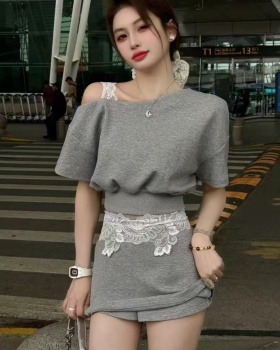 Lace tops high waist pants 2pcs set