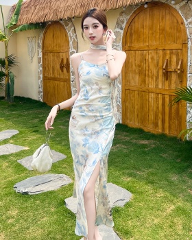 Satin double printing blooming flowers dress